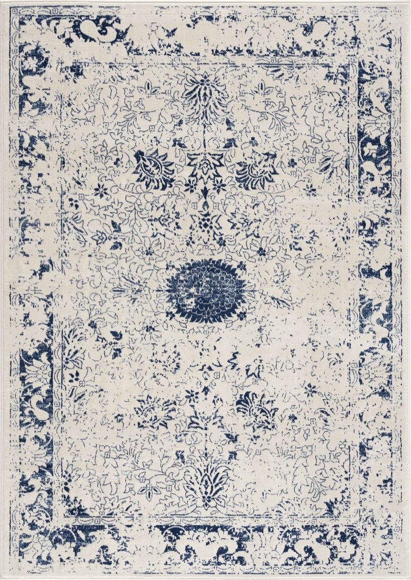 2’ X 5’ Navy Blue Distressed Floral Area Rug