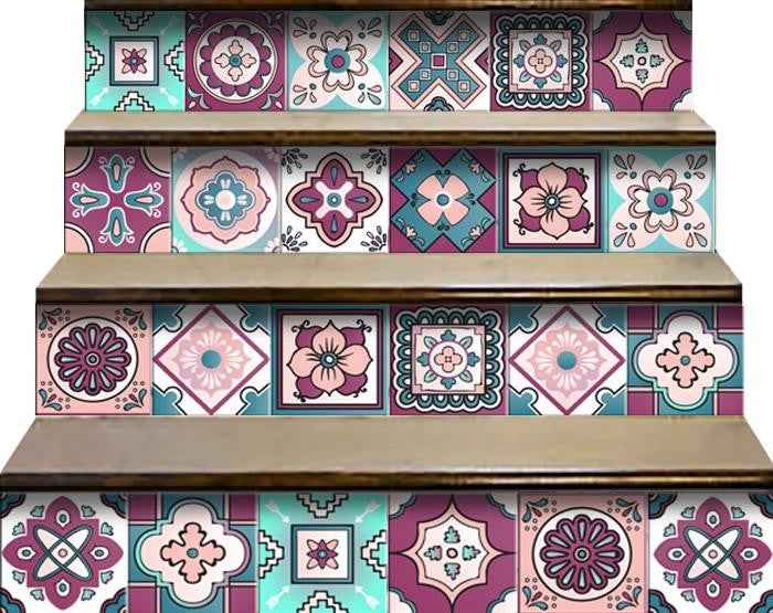 5" X 5" Vintage Turq Blush And Mauve Peel And Stick Removable Tiles