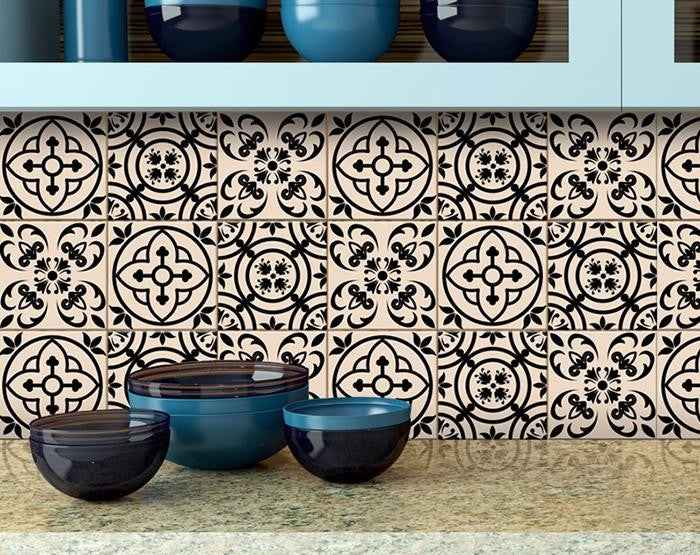 6" X 6" Cream And Black Mosaic Peel And Stick Removable Tiles