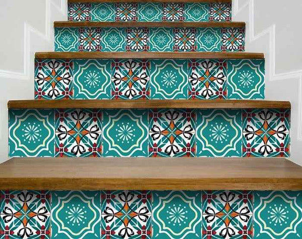 6" X 6" Turq And Terra Cotta Scroll Peel And Stick Removable Tiles