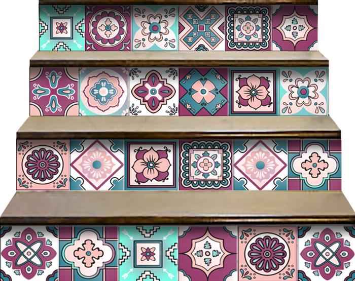 4" X 4" Vintage Turq Blush And Mauve Peel And Stick Removable Tiles