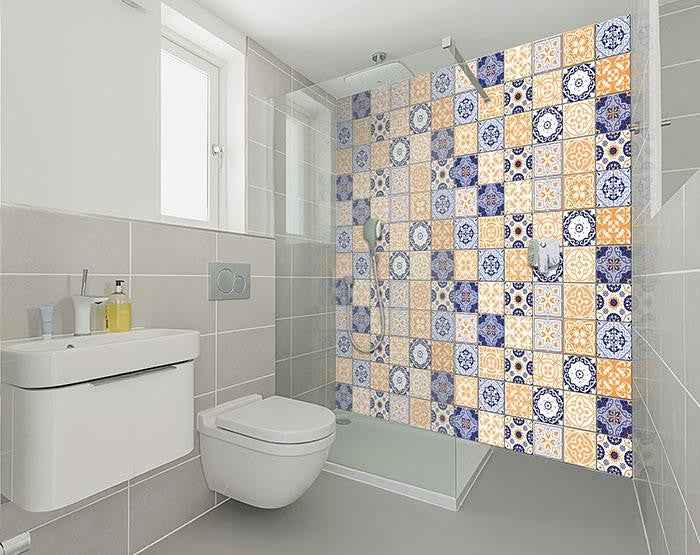 8" X 8" Yellow White And Blues Peel And Stick Removable Tiles