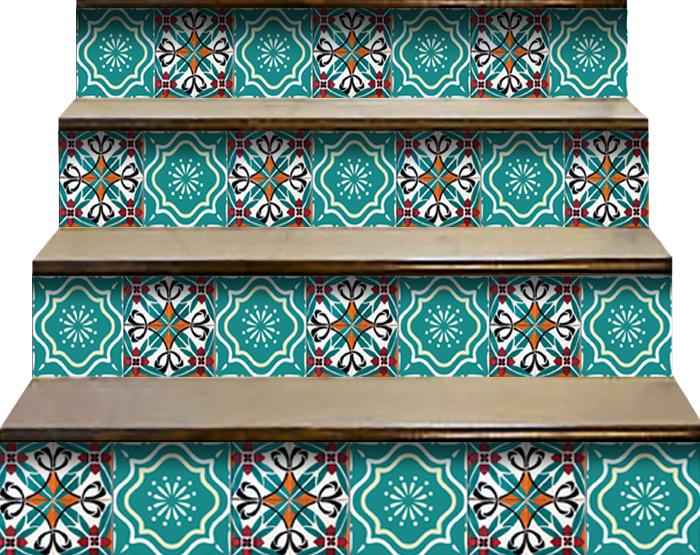 5" X 5" Turq And Terra Cotta Scroll Peel And Stick Removable Tiles