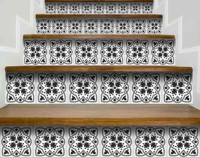 7" X 7" Charcoal And White Scroll Peel And Stick Removable Tiles