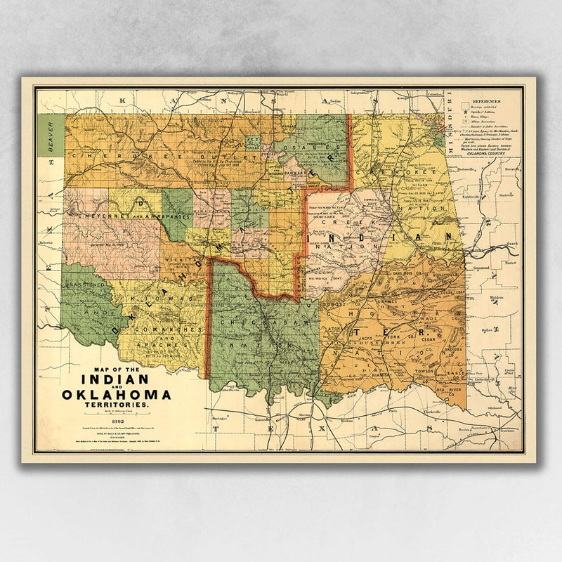 20" X 28" Map Of Indian And Oklahoma Territories Vintage Poster Wall Art