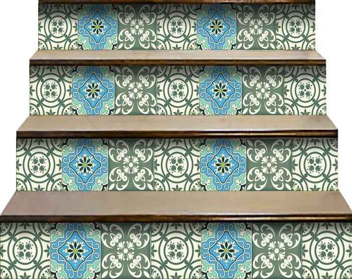 6" X 6" Sage And Aqua Floral Peel And Stick Removable Tiles