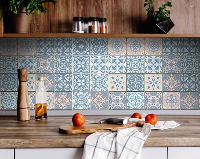 6" X 6" Baby Blue And Peach Mosaic Peel And Stick Removable Tiles