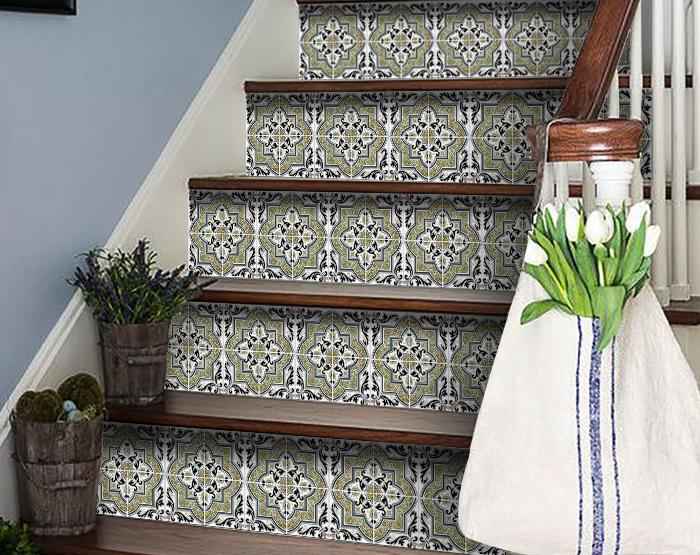 4" X 4" Vintage Sage Medallion Peel And Stick Removable Tiles