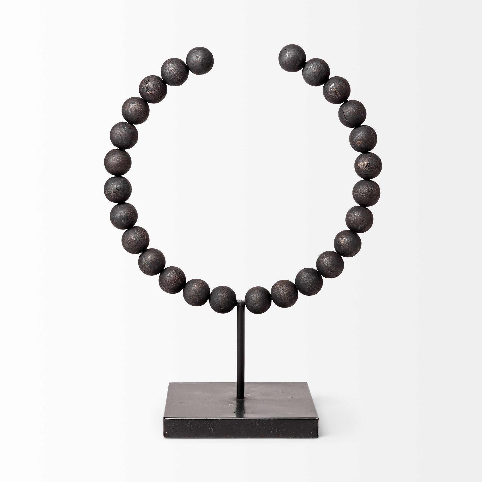 16" Black Wood and Metal Abstract Beaded Tabletop Sculpture - Home & Garden
