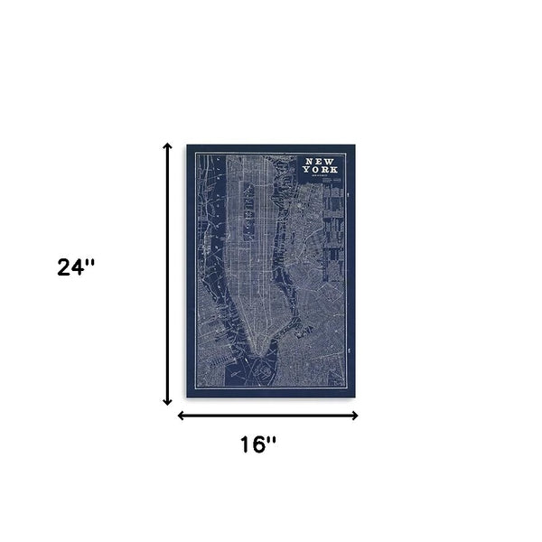 24" x 16" Indigo and White Aerial New York Map Canvas Wall Art - Home Decor