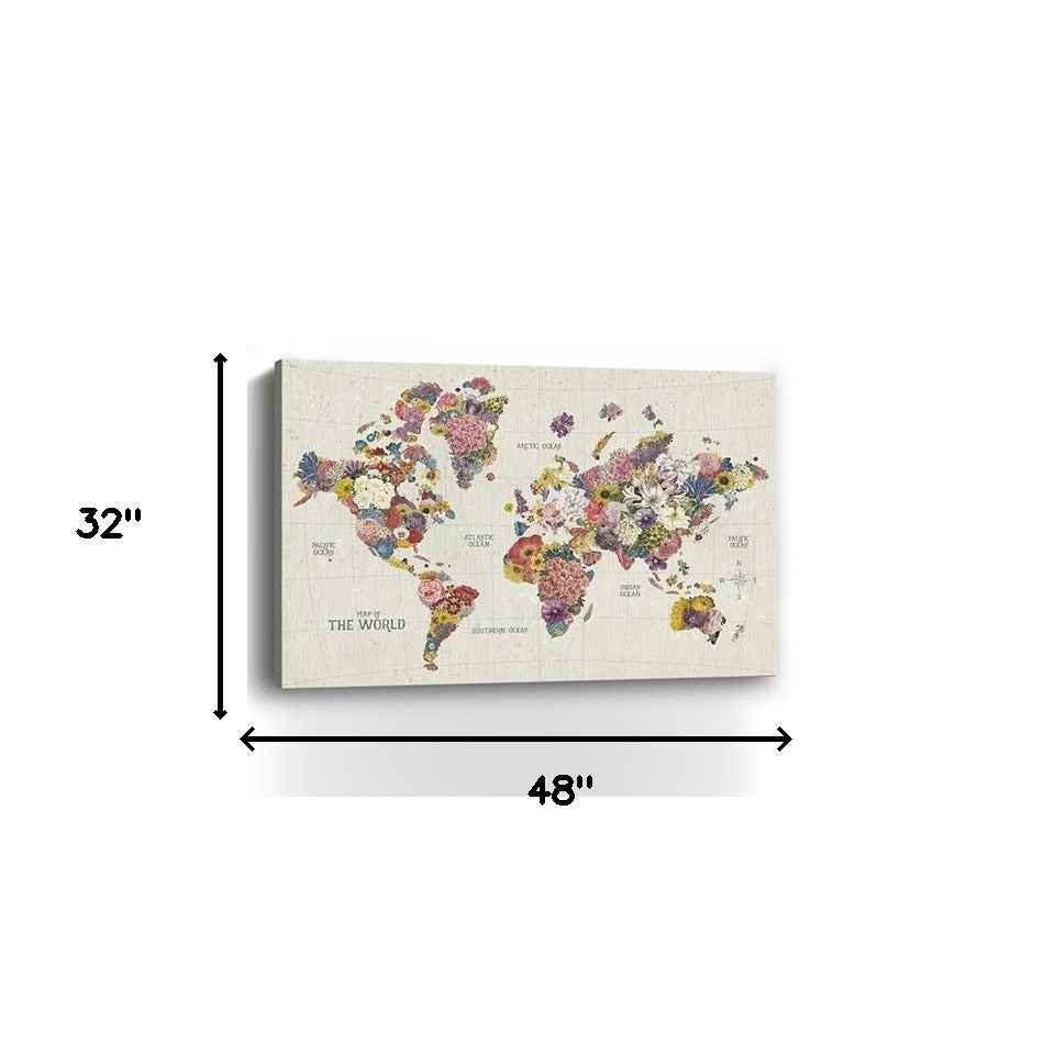 48" x 32" Fun Floral Map of the World Canvas Wall Art