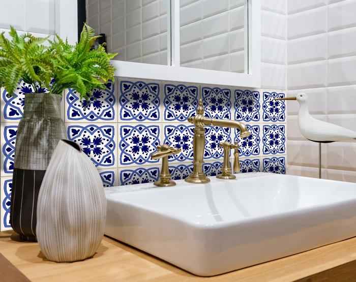 6" X 6" Blue And White Mosaic Peel And Stick Removable Tiles