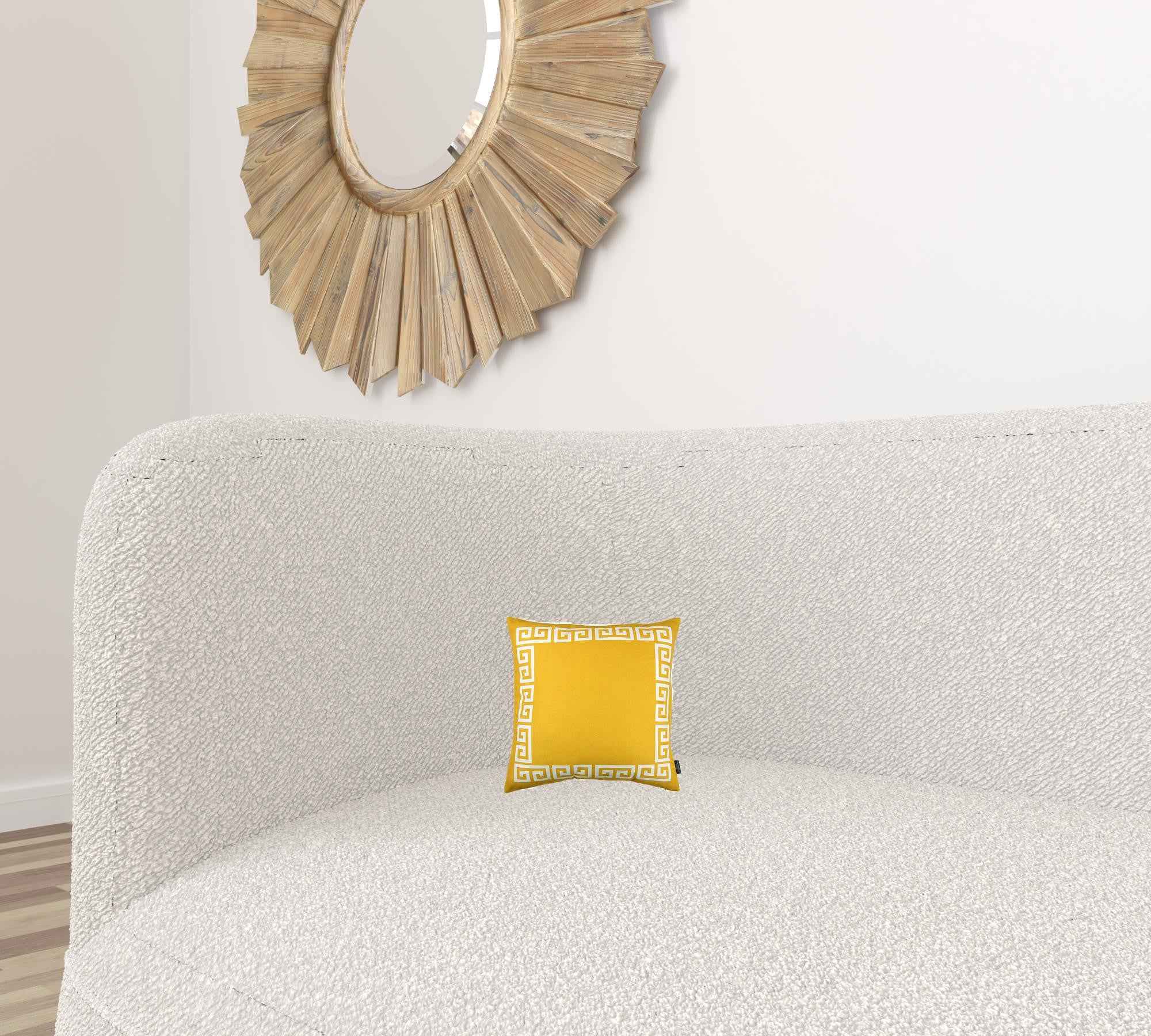 Yellow and White Greek Key Bordered Throw Pillow