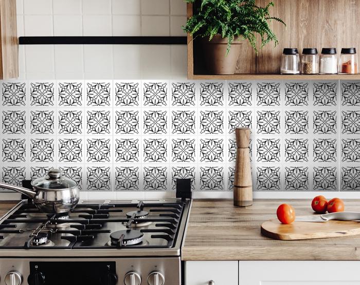 6" X 6" White and Black Cross Peel and Stick Removable Tiles