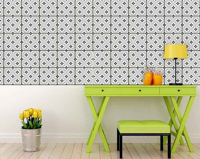 4" X 4" Black and White Rosa Peel and Stick Removable Tiles