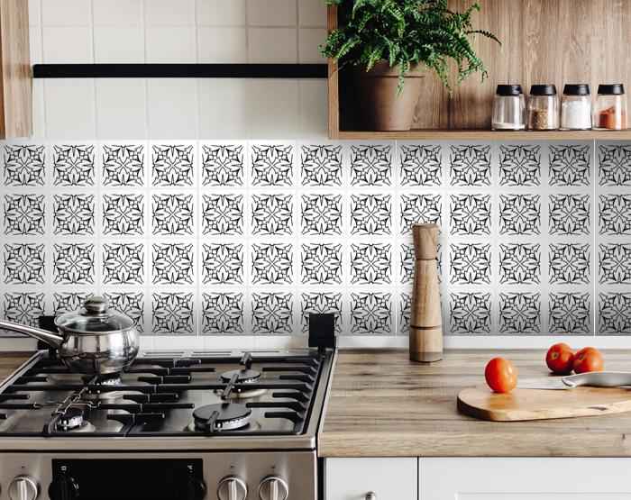 8" X 8" White and Black Cross Peel and Stick Removable Tiles