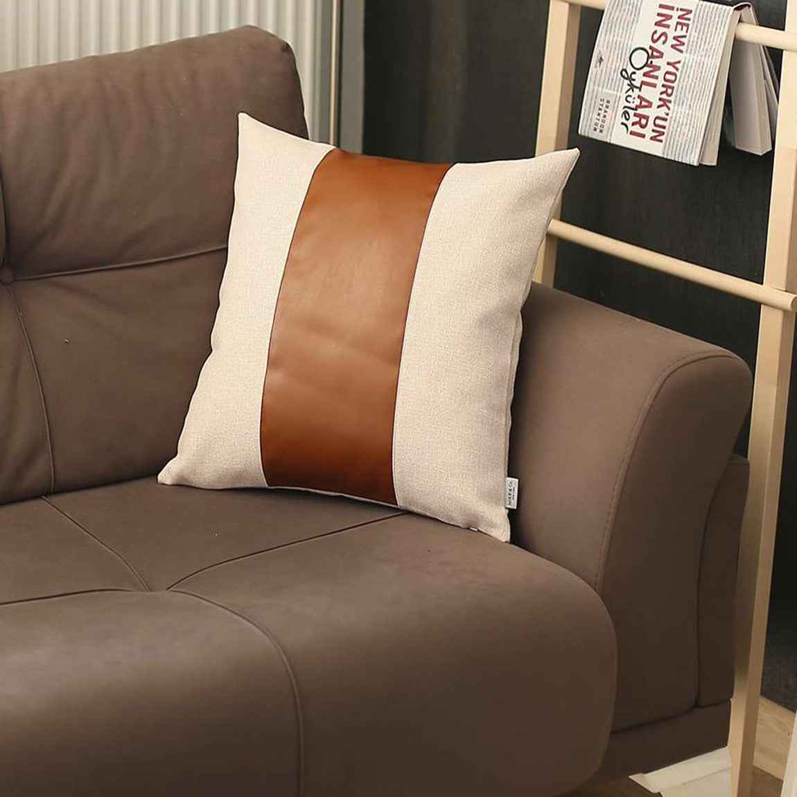 White and Brown Strap Faux Leather Throw Pillow