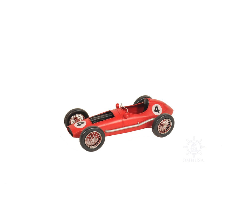 Red metal model car tabletop sculpture with number decals, side view