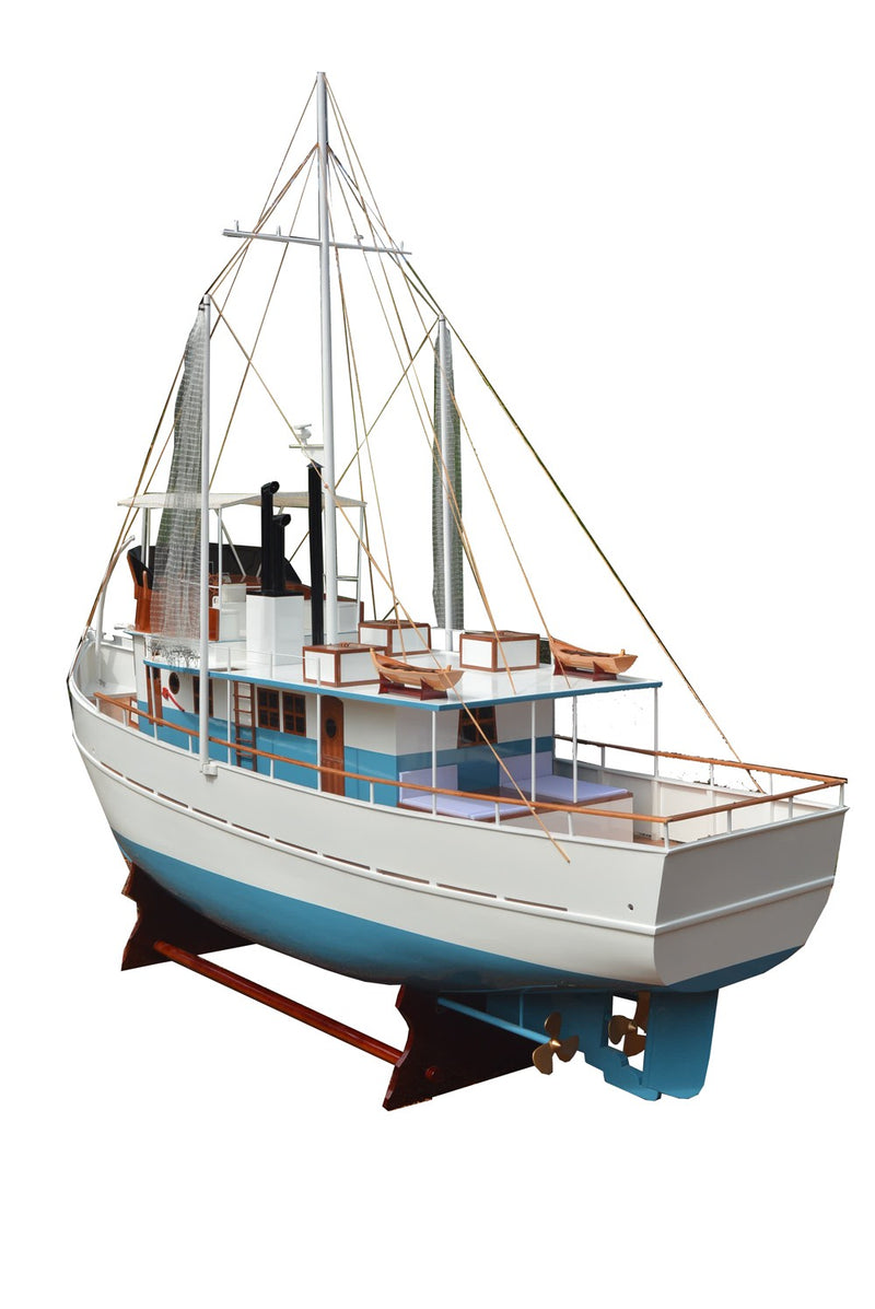 110" Blue And White Solid Wood Hand Painted Model Boat - Home Decor