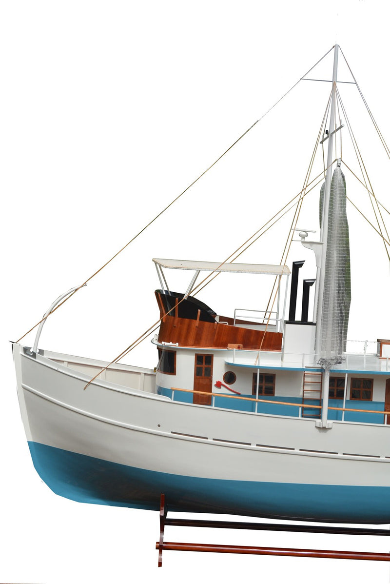 110" Blue And White Solid Wood Hand Painted Model Boat - Home Decor