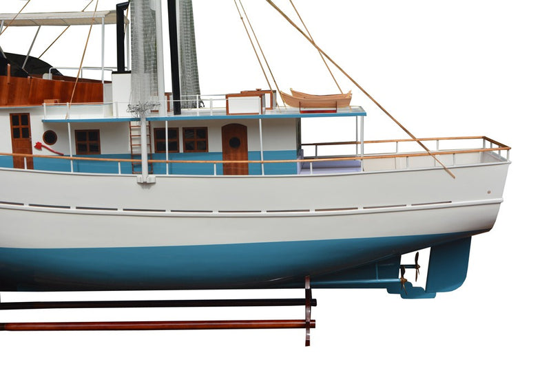 110" Blue And White Solid Wood Hand Painted Model Boat - Home Decor