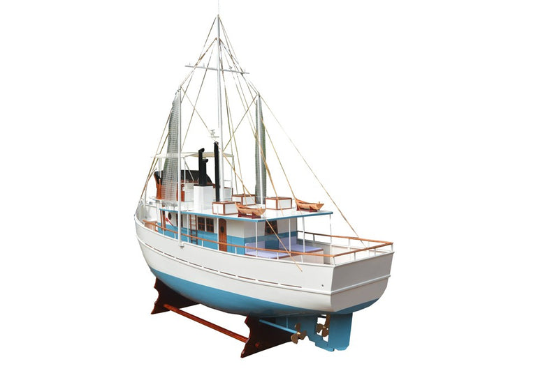 110" Blue And White Solid Wood Hand Painted Model Boat - Home Decor