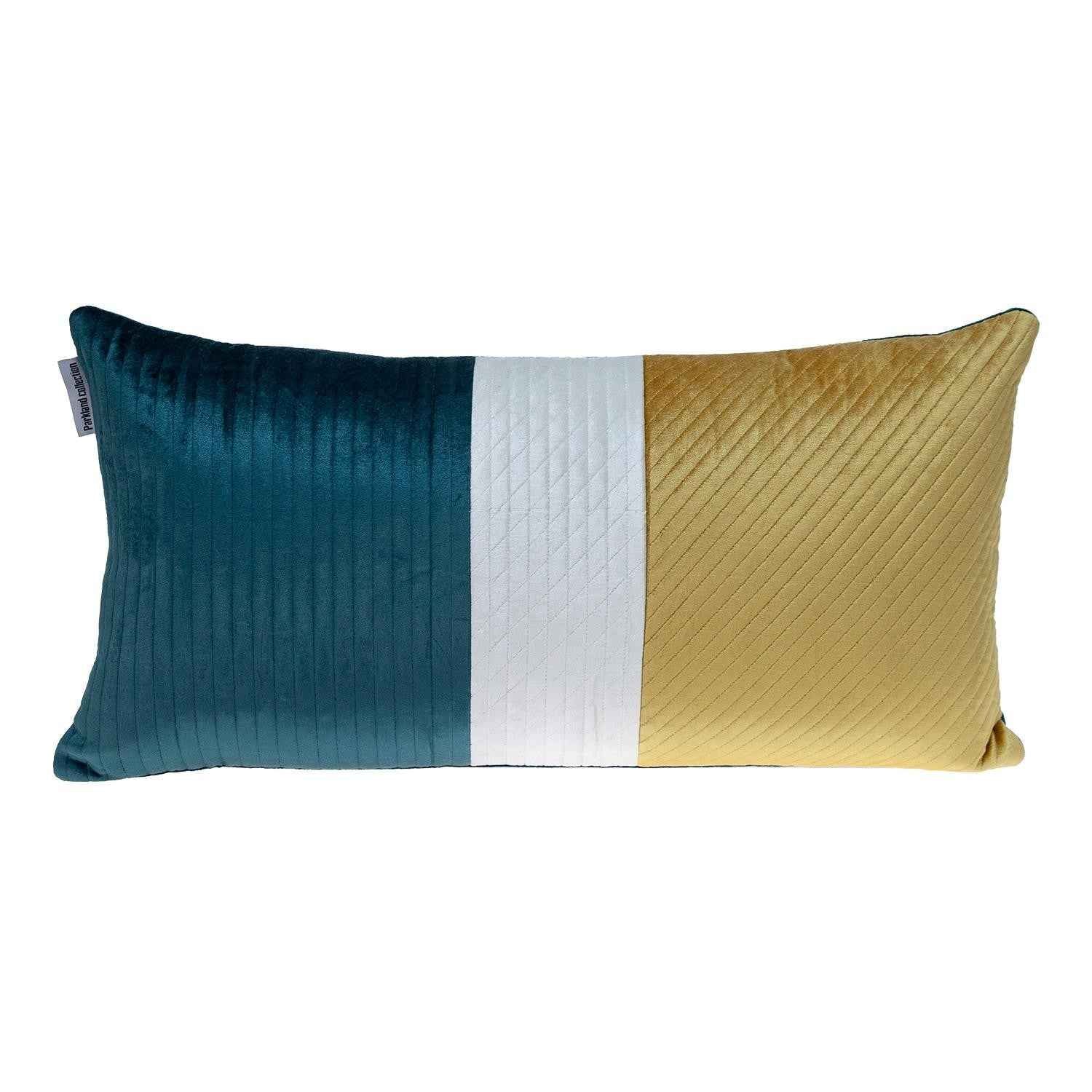Sea Green and Yellow Quilted Colorblock Velvet Lumbar Throw Pillow