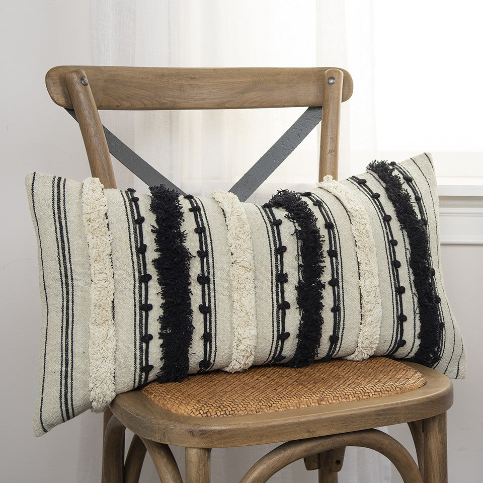 14" X 26" Beige And Black Cotton Throw Pillow With Fringe And Texture - Home & Garden
