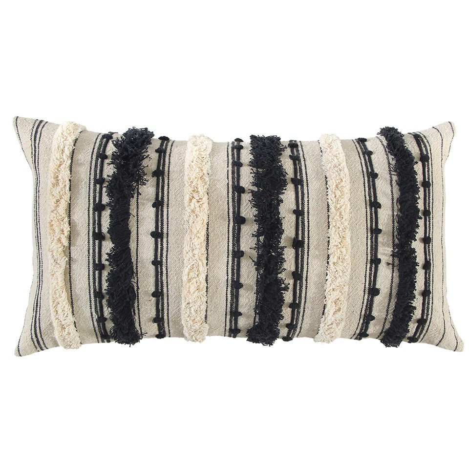 14" X 26" Beige And Black Cotton Throw Pillow With Fringe And Texture - Home & Garden