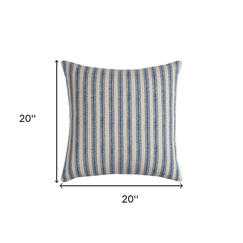 20" Blue And Natural Ticking Stripe Cotton Throw Pillow - Home Decor