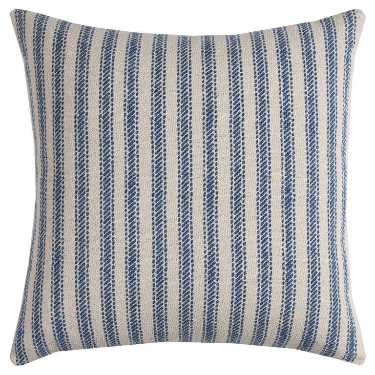 20" Blue And Natural Ticking Stripe Cotton Throw Pillow - Home Decor