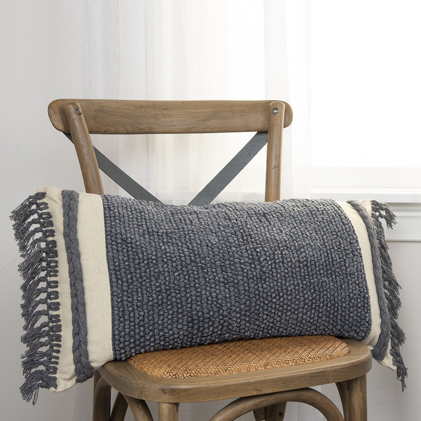 14" X 26" Gray And Off White Braided Cotton Throw Pillow - Home & Garden