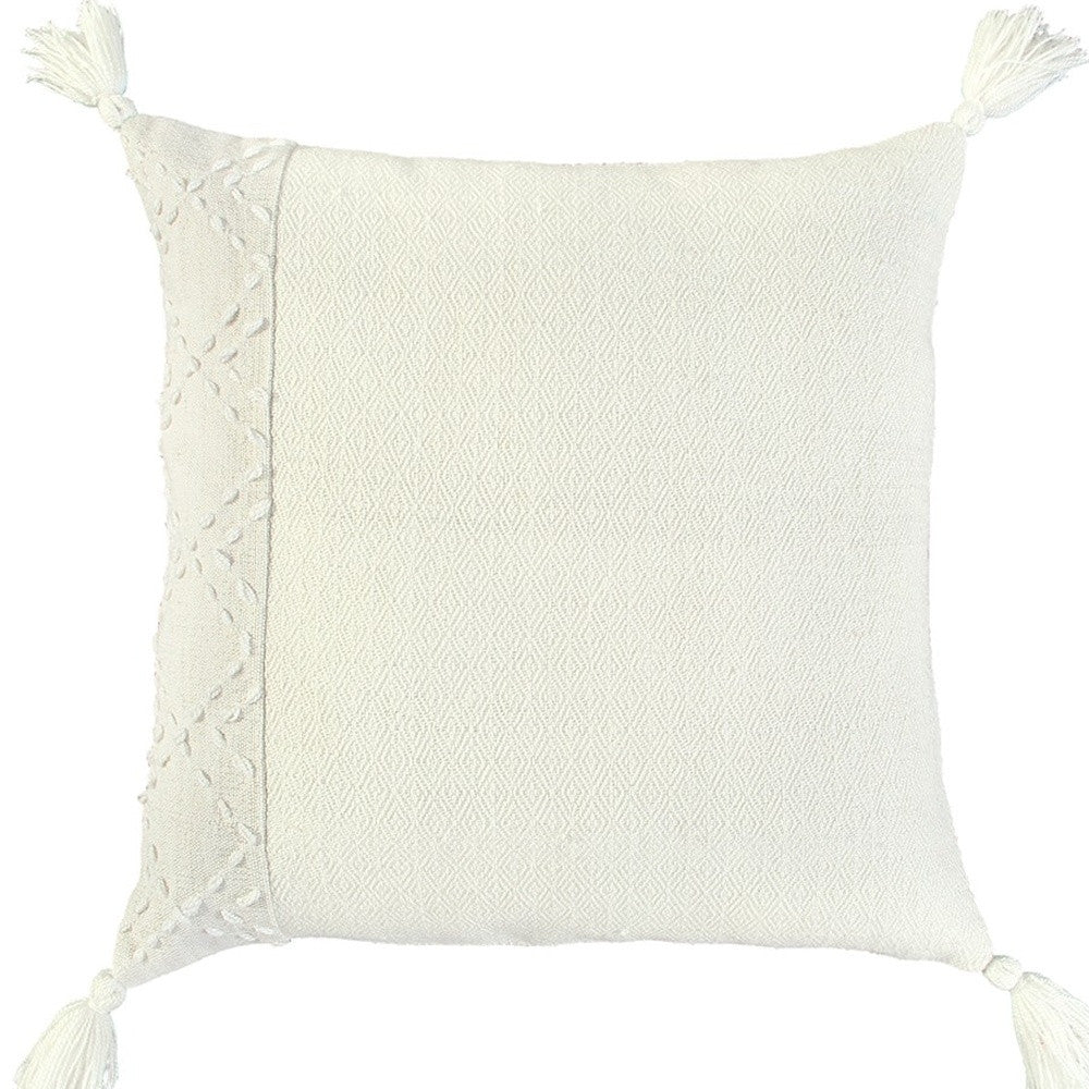 20" Ivory Herringbone Cotton Throw Pillow With Tassles - Home & Garden