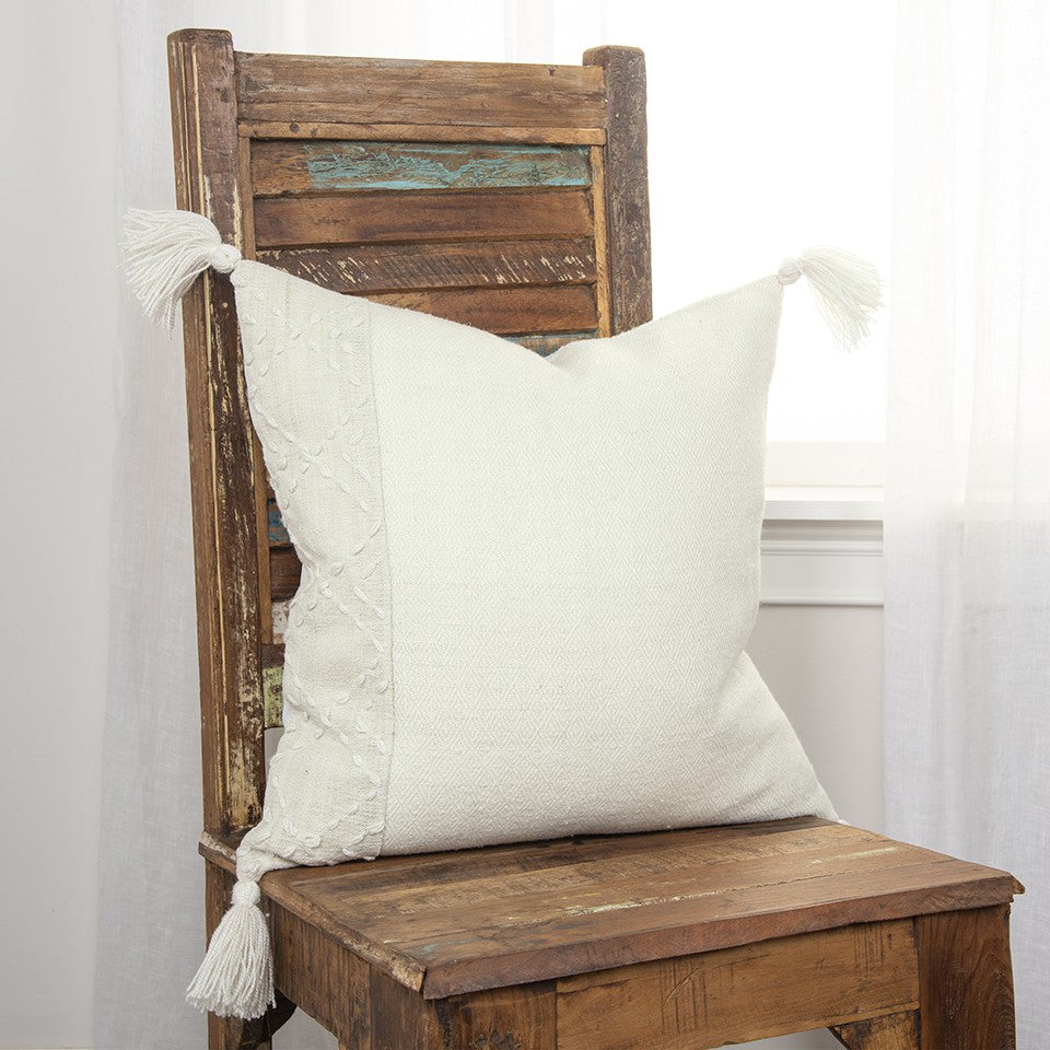 20" Ivory Herringbone Cotton Throw Pillow With Tassles - Home & Garden