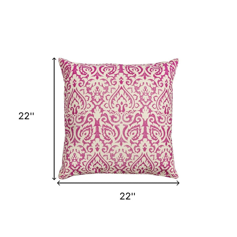 22" Pink and White Damask Cotton Throw Pillow - Home Decor