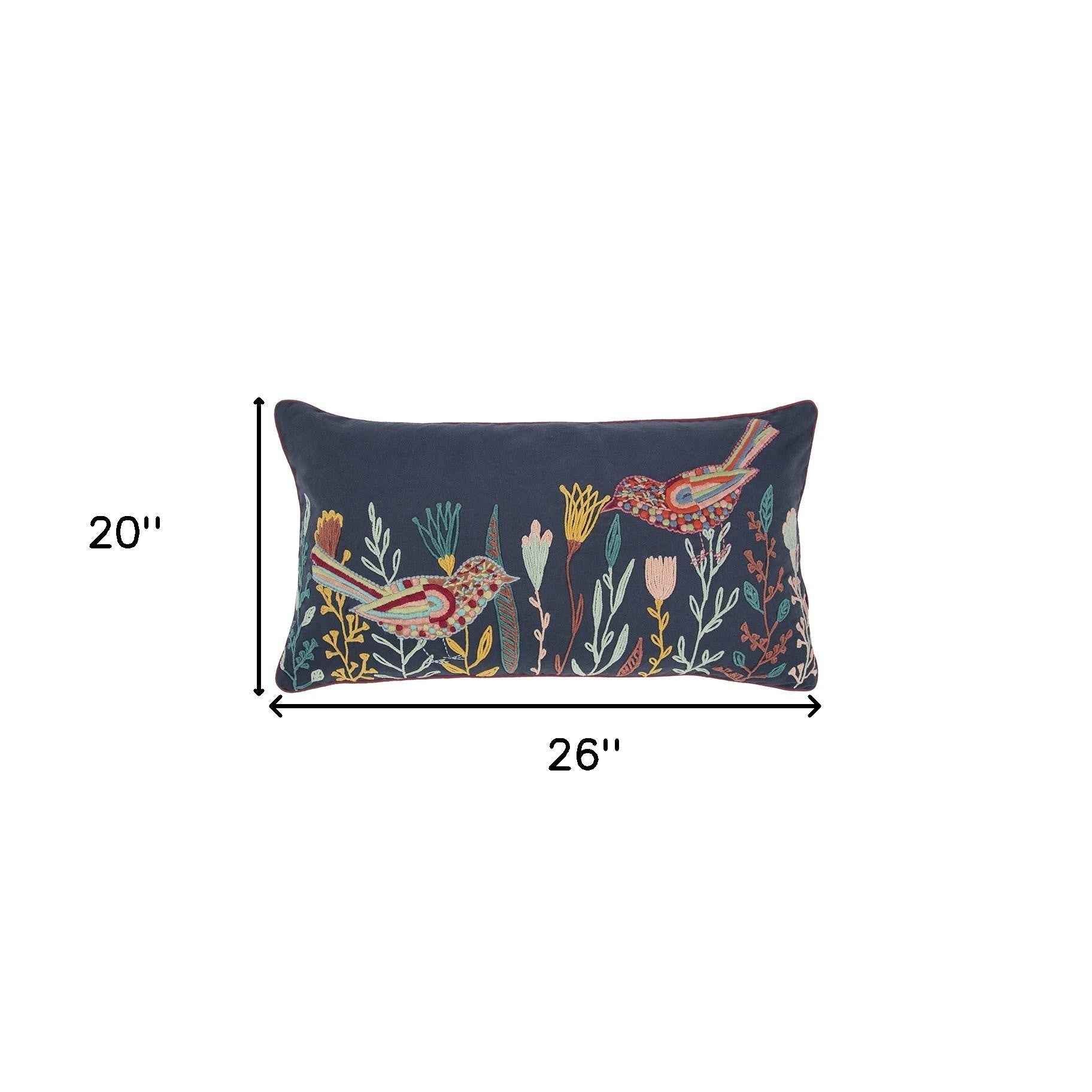 Blue Botanical and Bird Embroidered Lumbar Pillow