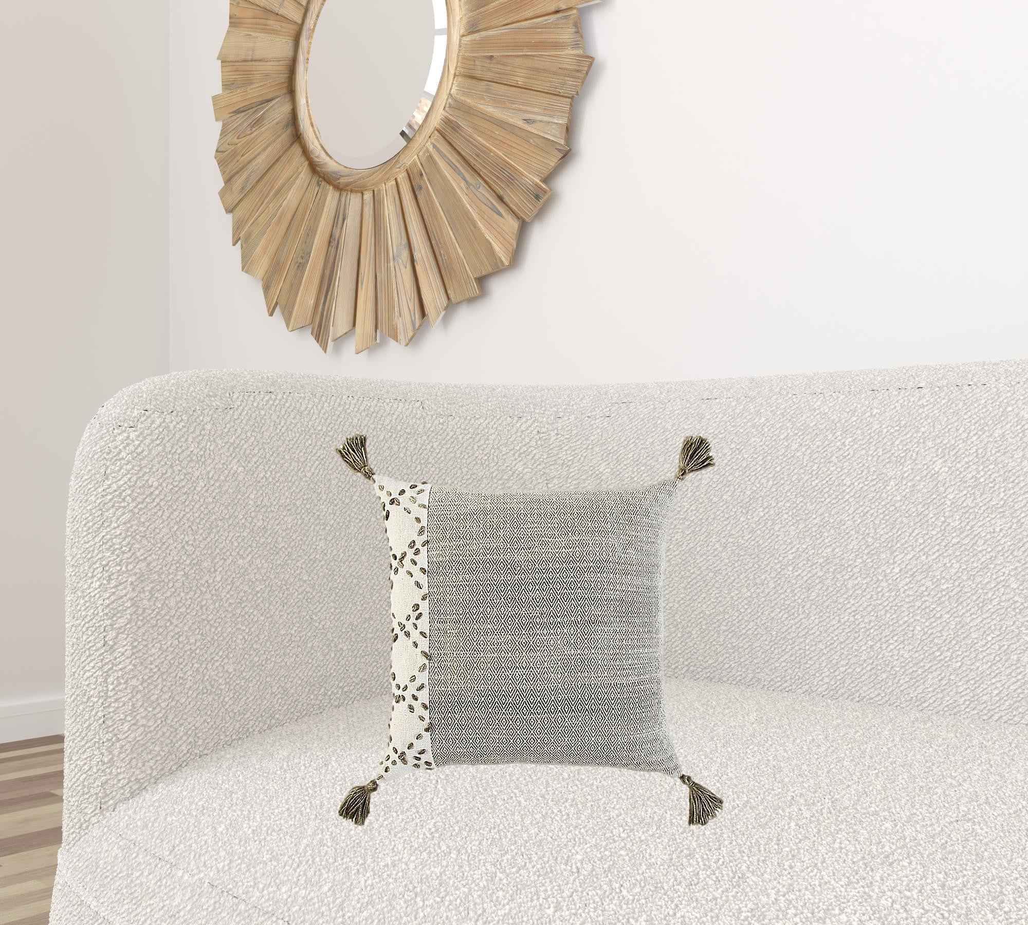 Ivory Taupe Accent Stitch Color Block Throw Pillow