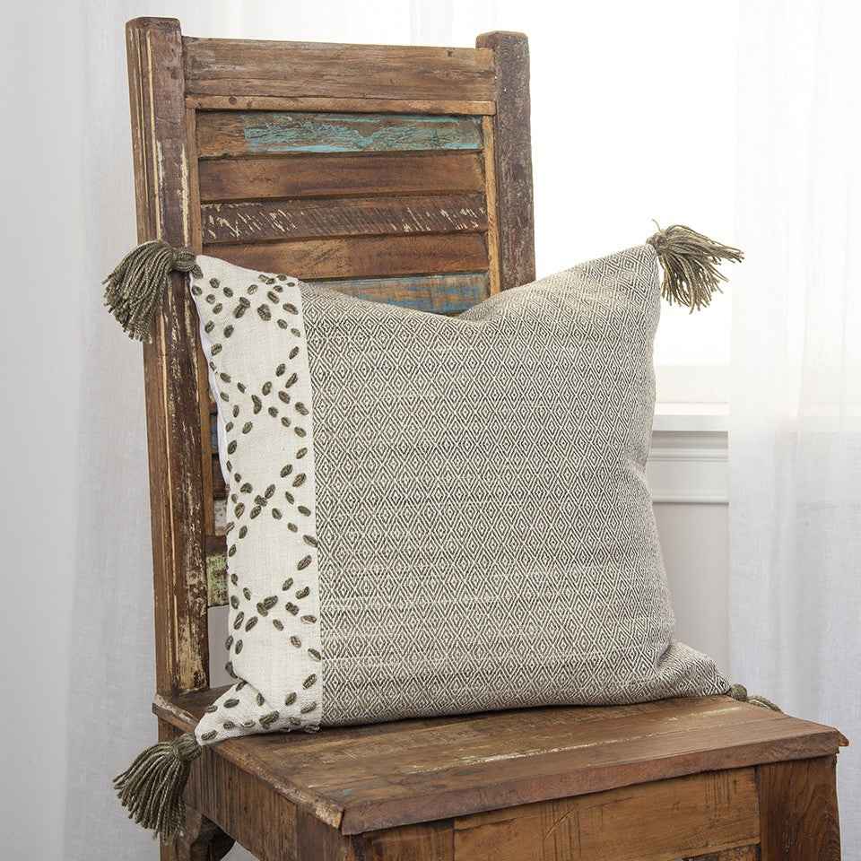 Ivory Taupe Accent Stitch Color Block Throw Pillow