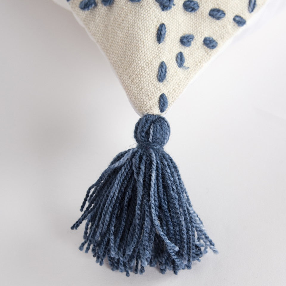 20" Blue and Ivory Herringbone Cotton Throw Pillow With Tassels - Home & Garden