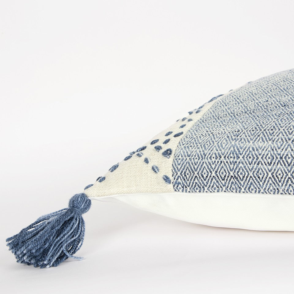 20" Blue and Ivory Herringbone Cotton Throw Pillow With Tassels - Home & Garden