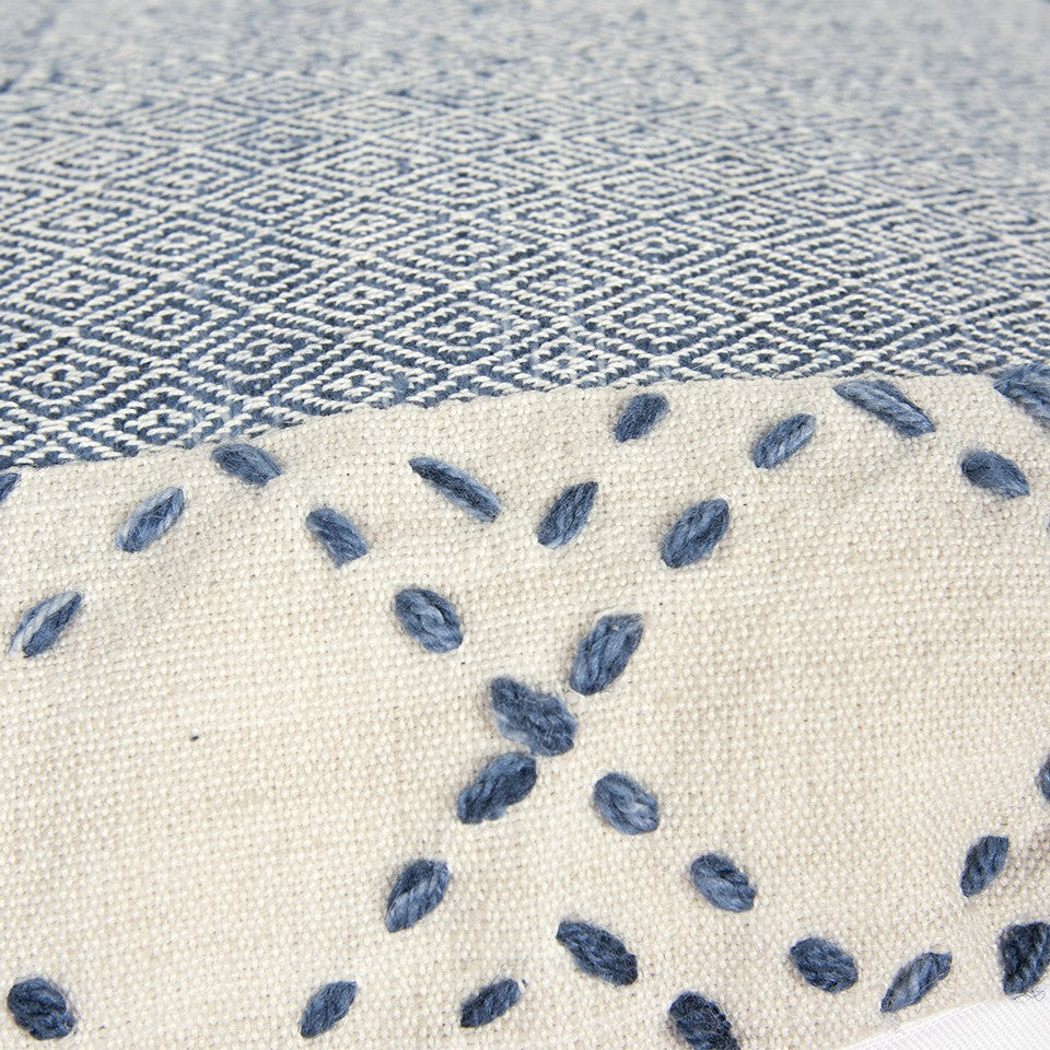 20" Blue and Ivory Herringbone Cotton Throw Pillow With Tassels - Home & Garden