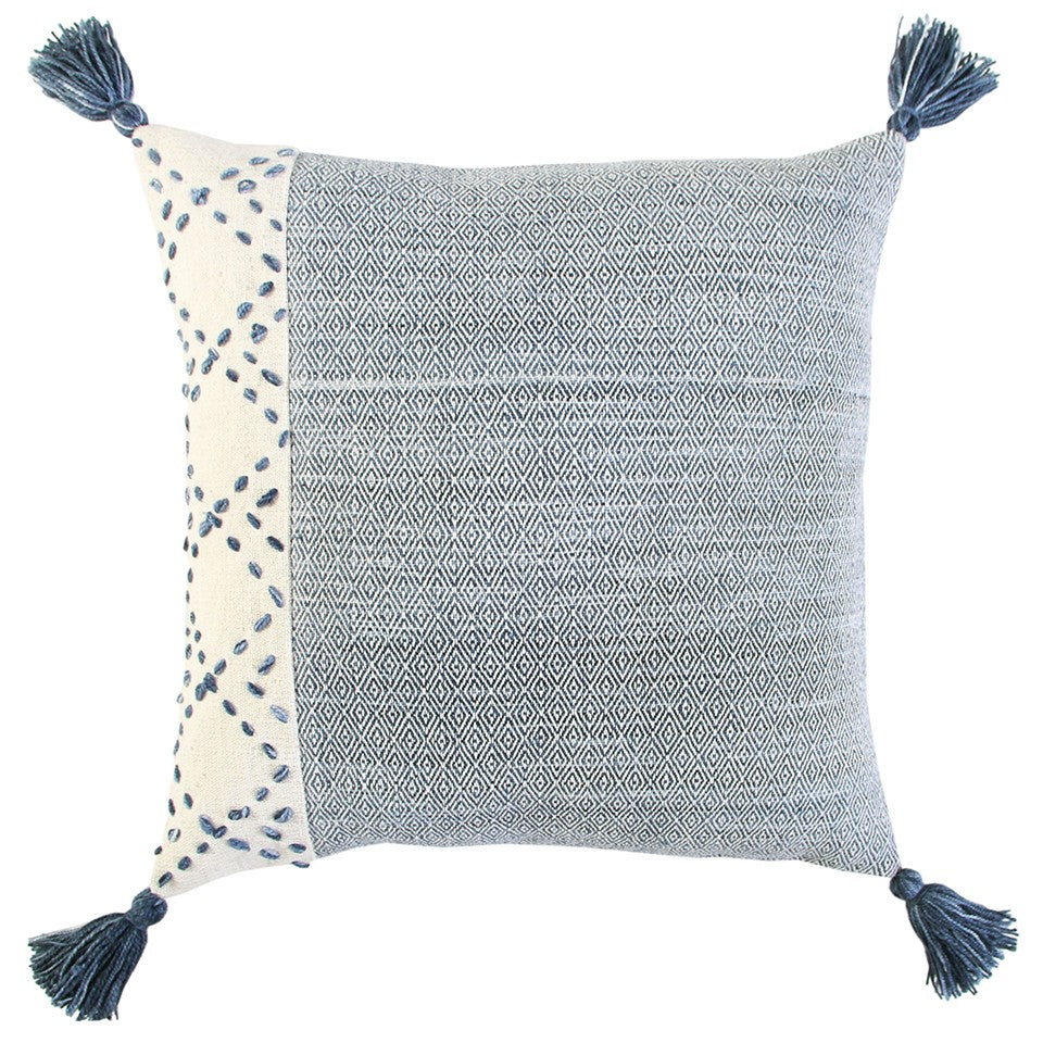 20" Blue and Ivory Herringbone Cotton Throw Pillow With Tassels - Home & Garden
