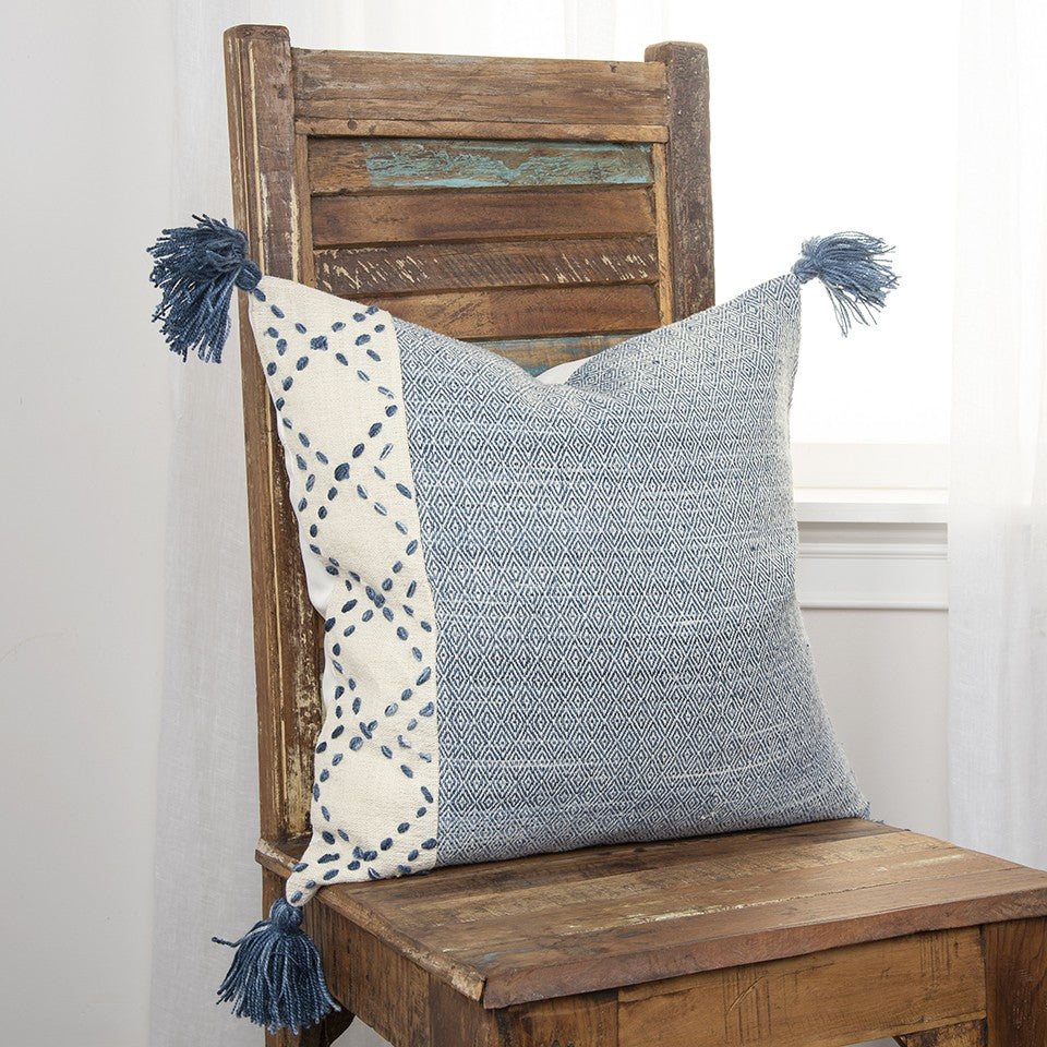 20" Blue and Ivory Herringbone Cotton Throw Pillow With Tassels - Home & Garden