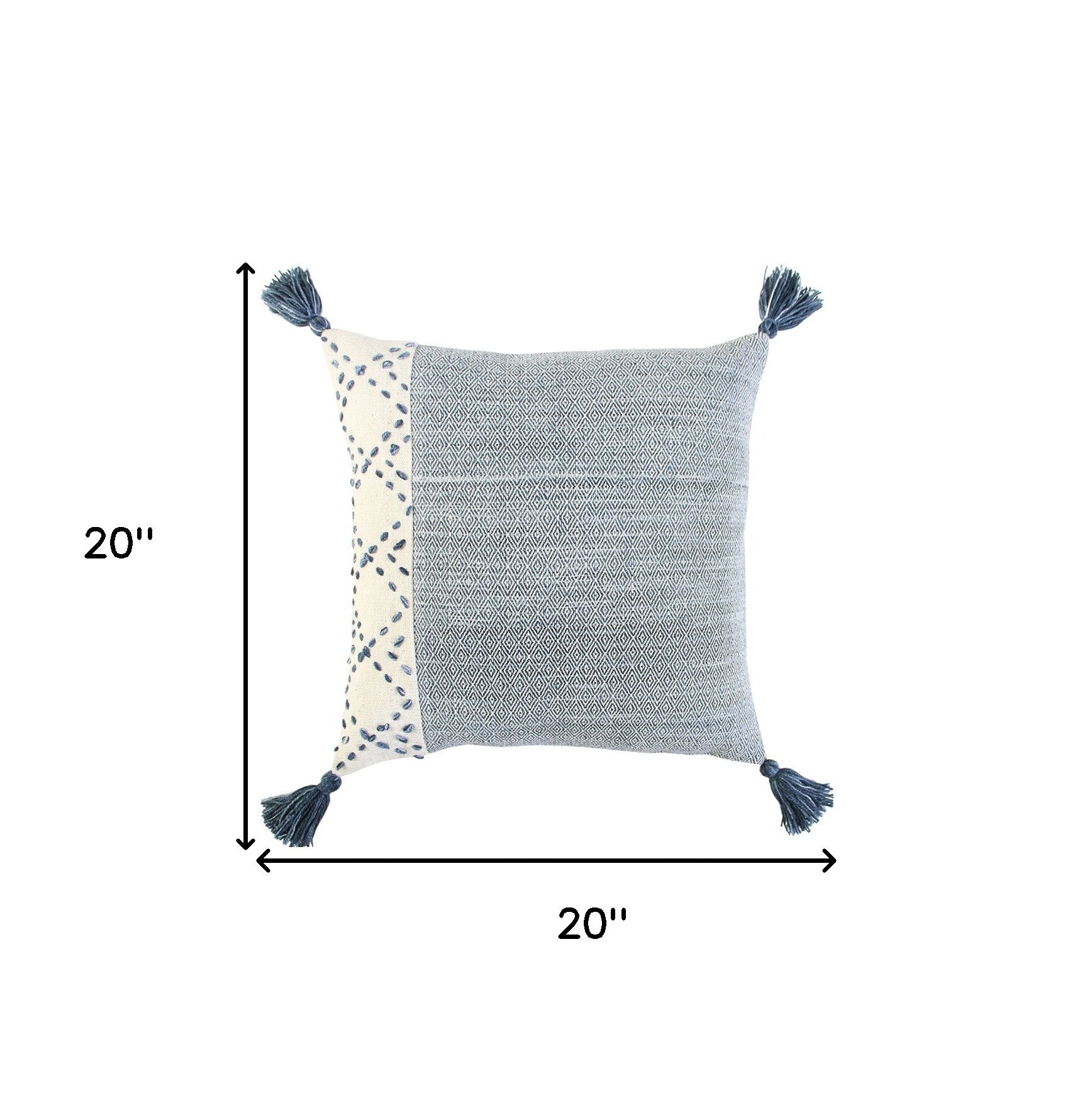 20" Blue and Ivory Herringbone Cotton Throw Pillow With Tassels - Home & Garden