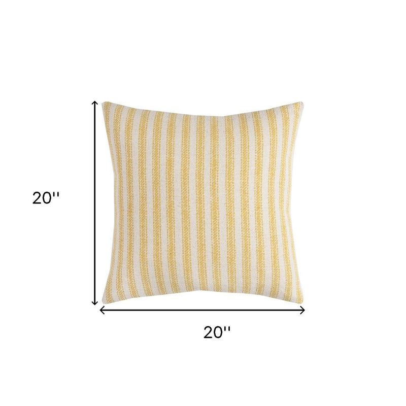 20" Yellow And Natural Ticking Stripe Cotton Canvas Throw Pillow - Home Decor