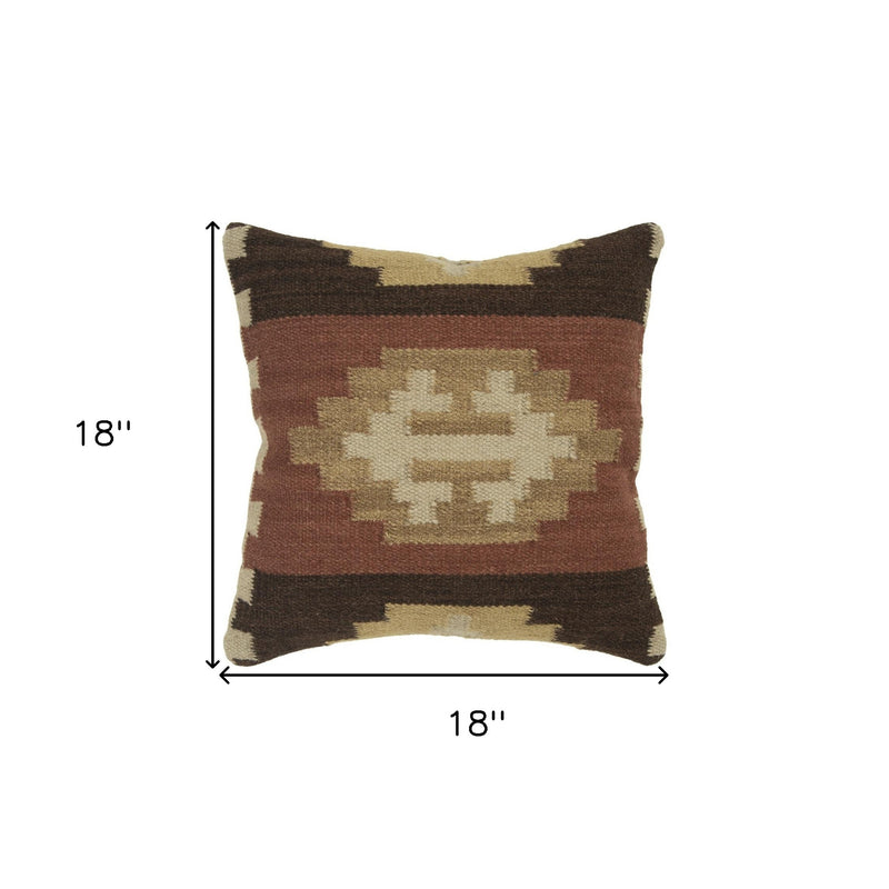18" Brown and Beige Geometric Jute Wool Blend Throw Pillow - Home Decor