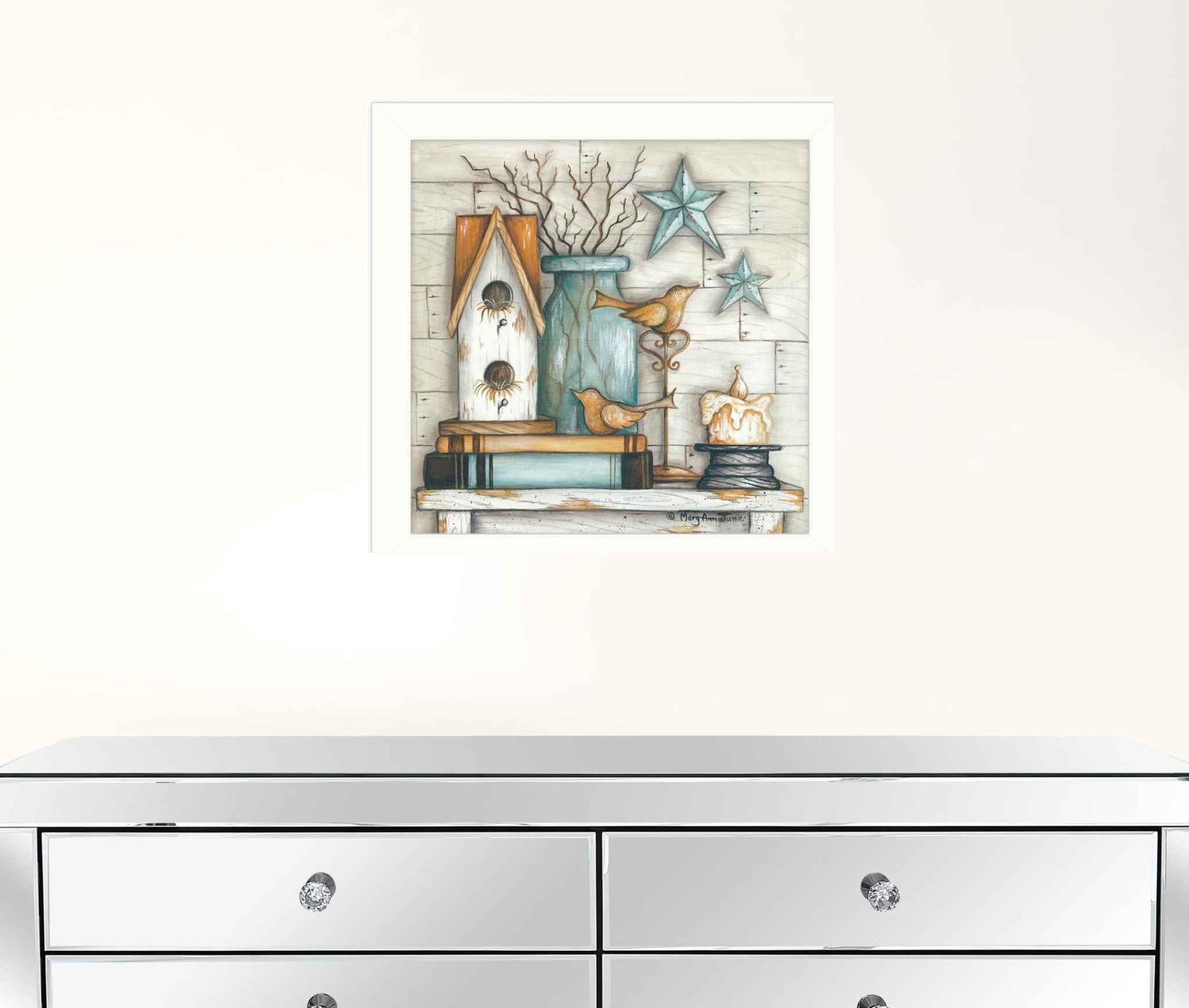 Birdhouse On Books 2 White Framed Print Wall Art