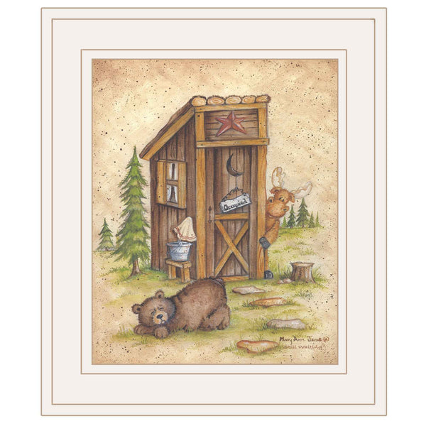 Still Waiting Bear and Moose Bathroom White Framed Print Wall Art