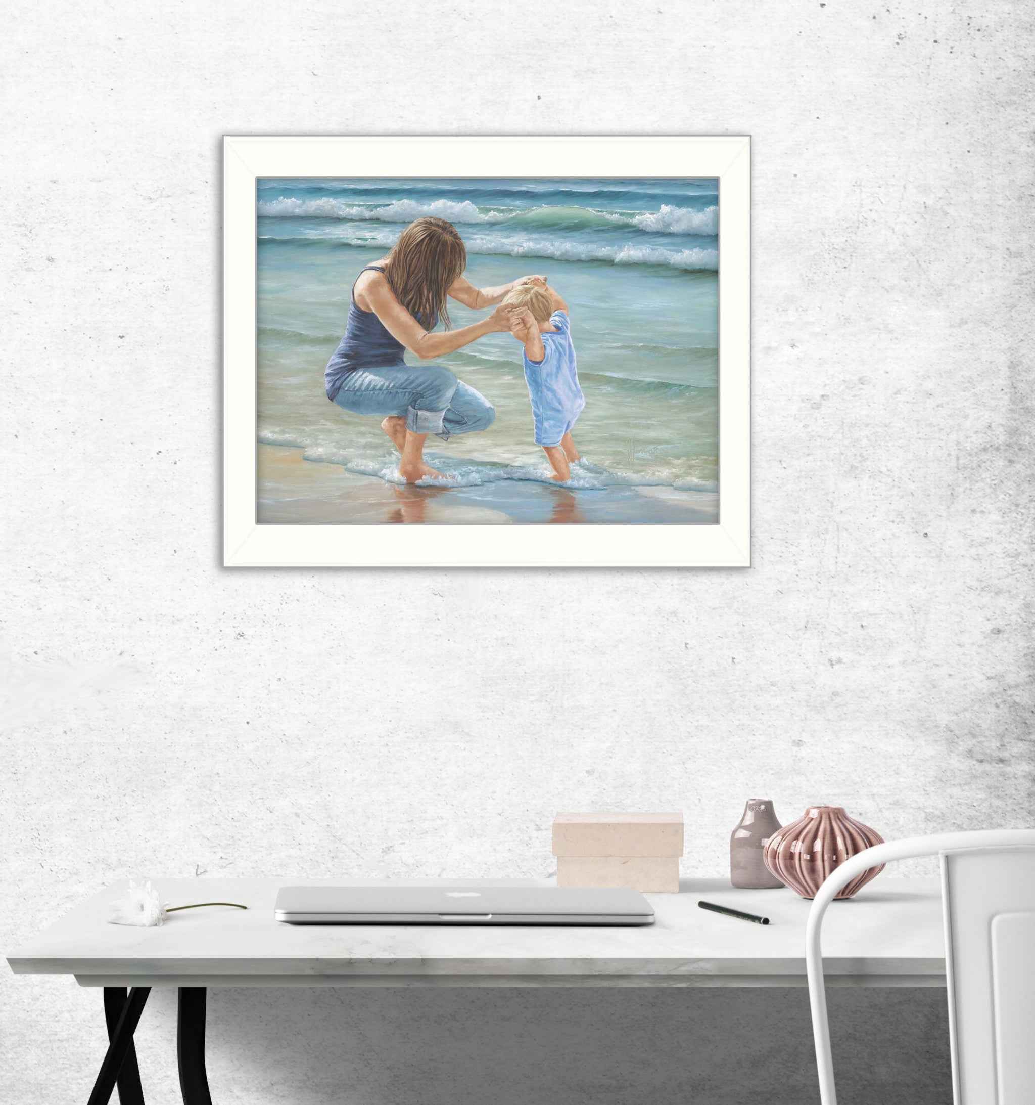 Playing In The Water White Framed Print Wall Art