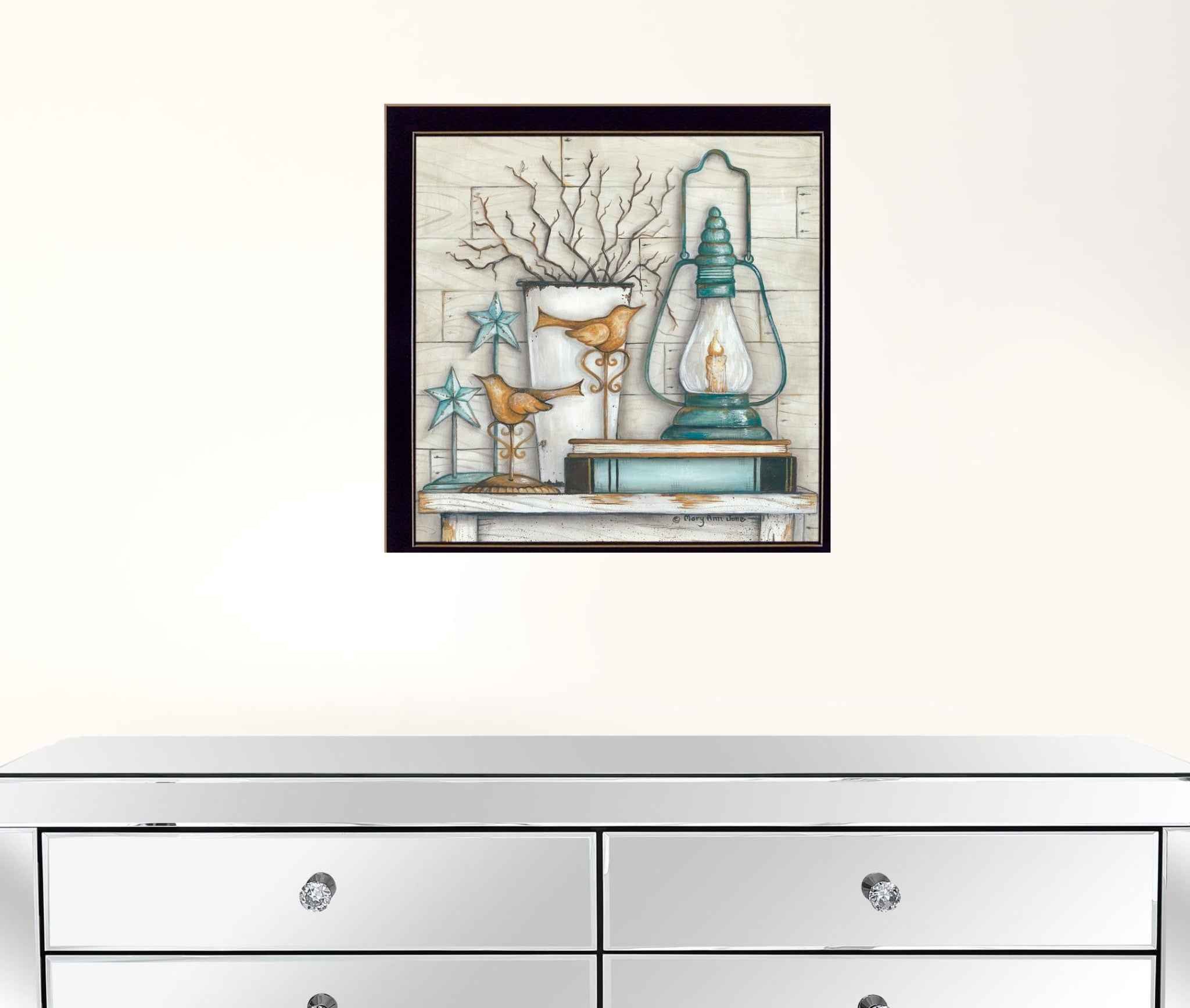 Lantern On Books 1 Black Framed Print Wall Art